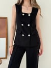 Kare Yaka Düğme Detay İç Astarlı Yelek ve Pantolonlu Double Kumaş İkili Takım Siyah 2147