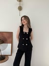 Kare Yaka Düğme Detay İç Astarlı Yelek ve Pantolonlu Double Kumaş İkili Takım Siyah 2147