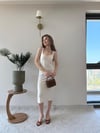 Kare Yaka Midi Boy Kalem Elbise Bej 2227