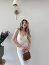 Kare Yaka Midi Boy Kalem Elbise Bej 2227