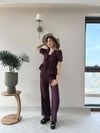 Karpuz Kol Bağlama Detay Yelek ve Pantolonlu Gofre İkili Takım Mürdüm 2150