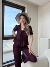 Karpuz Kol Bağlama Detay Yelek ve Pantolonlu Gofre İkili Takım Mürdüm 2150