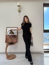Kayık Yaka Bel Burgu Detay Asimetrik Bluz ve Pantolonlu Gofre İkili Takım Siyah 2335