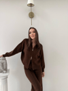 KAYIK YAKA ÇİFT FERMUARLI HIRKA VE PANTOLONLU TRİKO İKİLİ TAKIM ACI KAHVE