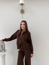 KAYIK YAKA ÇİFT FERMUARLI HIRKA VE PANTOLONLU TRİKO İKİLİ TAKIM ACI KAHVE