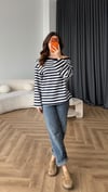 Kayık Yaka Çizgili Sweat Lacivert 2580