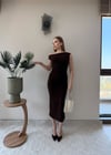 Kayık Yaka Uzun Modal Elbise Acı Kahve 2369