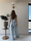 Kemik Düğme Detay Hırka ve Palazzo Bel Lastikli Pantolonlu Keten İkili Takım Bebe Mavi 2266