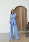 KETEN BELİ KEMERLİ ASTARLI YELEK VE PANTOLONLU İKİLİ TAKIM MAVİ