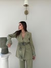 Kol Dantel Detay Bel Kuşaklı Blazer Ceket Ve Pantolonlu Kumaş Takımaş Takım Haki 2068