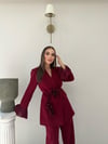 Kol Dantel Detay Bel Kuşaklı Blazer Ceket Ve Pantolonlu Kumaş Takımaş Takım Bordo 2068