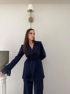 Kol Dantel Detay Bel Kuşaklı Blazer Ceket Ve Pantolonlu Kumaş Takımaş Takım Lacivert 2068