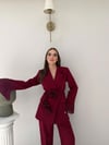 Kol Dantel Detay Bel Kuşaklı Blazer Ceket Ve Pantolonlu Kumaş Takımaş Takım Bordo 2068