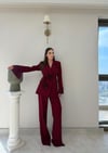 Kol Dantel Detay Bel Kuşaklı Blazer Ceket Ve Pantolonlu Kumaş Takımaş Takım Bordo 2068