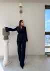 Kol Dantel Detay Bel Kuşaklı Blazer Ceket Ve Pantolonlu Kumaş Takımaş Takım Lacivert 2068