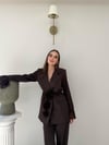 Kol Dantel Detay Bel Kuşaklı Blazer Ceket Ve Pantolonlu Kumaş Takımaş Takım Kahverengi 2068
