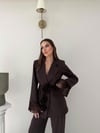 Kol Dantel Detay Bel Kuşaklı Blazer Ceket Ve Pantolonlu Kumaş Takımaş Takım Kahverengi 2068