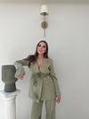Kol Dantel Detay Bel Kuşaklı Blazer Ceket Ve Pantolonlu Kumaş Takımaş Takım Haki 2068