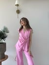 Kruvaze Yaka Aksesuar Detay Bluz ve Pantolonlu Modal İkili Takım Pembe 2277