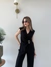 Kruvaze Yaka Aksesuar Detay Bluz ve Pantolonlu Modal İkili Takım Siyah 2277