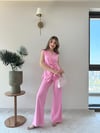 Kruvaze Yaka Aksesuar Detay Bluz ve Pantolonlu Modal İkili Takım Pembe 2277