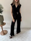 Kruvaze Yaka Aksesuar Detay Bluz ve Pantolonlu Modal İkili Takım Siyah 2277