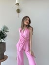 Kruvaze Yaka Aksesuar Detay Bluz ve Pantolonlu Modal İkili Takım Pembe 2277