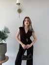 Kruvaze Yaka Aksesuar Detay Bluz ve Pantolonlu Modal İkili Takım Acı Kahve 2277