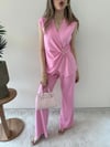 Kruvaze Yaka Aksesuar Detay Bluz ve Pantolonlu Modal İkili Takım Pembe 2277