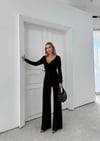KRUVAZE YAKA BAGLAMA DETAY BLUZ VE PANTOLONLU MODAL İKİLİ TAKIM SİYAH