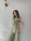 Kruvaze Yaka Gold Düğmeli Yelek ve Pantolonlu Double Kumaş İkili Takım Haki 2151