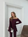 MADONNA YAKA ASİMETRİK DETAY BLUZ VE PANTOLONLU SELANİK KUMAŞ İKİLİ TAKIM MÜRDÜM