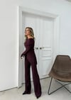 MADONNA YAKA ASİMETRİK DETAY BLUZ VE PANTOLONLU SELANİK KUMAŞ İKİLİ TAKIM MÜRDÜM