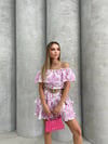 MADONNA YAKA DESENLİ BLUZ VE KEMERLİ ETEKLİ İKİLİ TAKIM PEMBE