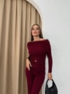 MADONNA YAKA DÜĞME DETAY BLUZ VE PANTOLONLU TRİKO İKİLİ TAKIM BORDO