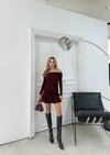 MADONNA YAKA SİMLİ ETEK VOLANLI DRAPELİ ELBİSE BORDO