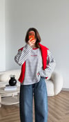 Nakış Detay Çizgili Oversize Sweat Beyaz Siyah 2523