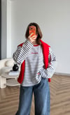 Nakış Detay Çizgili Oversize Sweat Beyaz Siyah 2523