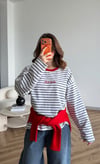 Nakış Detay Çizgili Oversize Sweat Beyaz Siyah 2523