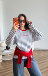 Nakış Detay Çizgili Oversize Sweat Beyaz Siyah 2523