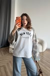New York Baskılı Kol Garne Detay Oversize Sweat Beyaz Kamuflaj 2522