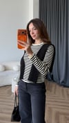 Omuz Fular Detay Çizgili Triko Kazak Siyah 2462