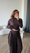 Omuz Vatka Detay Bluz ve Bel Fular Detay Pantolonlu Viskon Pamuklu Takım Acı Kahve 2421