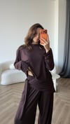 Omuz Vatka Detay Bluz ve Bel Fular Detay Pantolonlu Viskon Pamuklu Takım Acı Kahve 2421