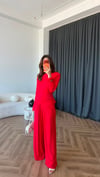 Omuz Vatkalı Bel Korse Detay Bluz ve Pantolonlu İkili Viskon Takım Kırmızı 2395
