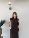 Omuz Vatkalı Sıfır Kol Cep Detay Modal Elbise Acı Kahve 2220