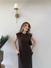 Omuz Vatkalı Sıfır Kol Cep Detay Modal Elbise Acı Kahve 2220