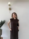 Omuz Vatkalı Sıfır Kol Cep Detay Modal Elbise Acı Kahve 2220