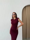 OMUZ VATKALI TAŞLI UZUN KALEM ELBİSE BORDO