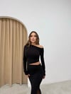 OMUZ VE BEL DEKOLTE DETAY UZUN YIRTMAÇLI SANDY ELBİSE SİYAH